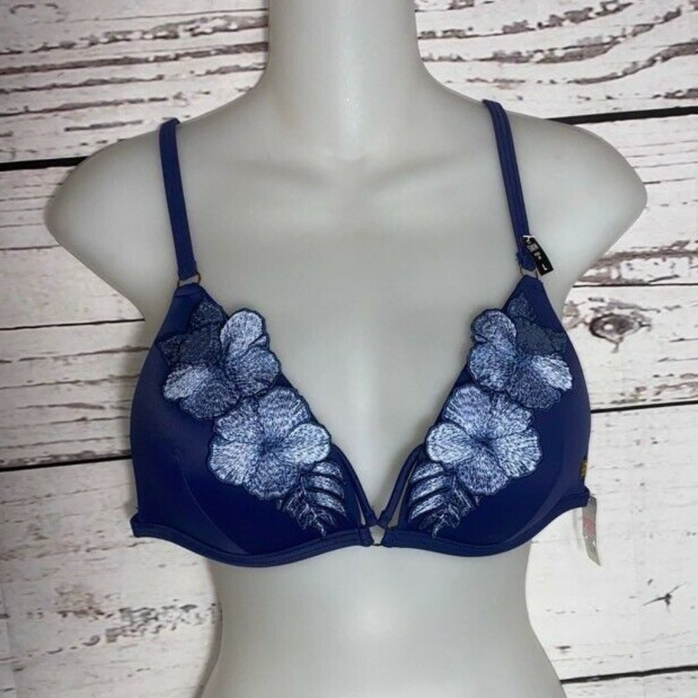 PINK Womens Bikini Swim Top Blue Lined Large
